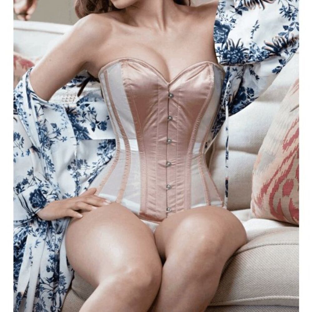 Corset Story Women's Size 36" Pink Satin White Mesh Stainless Steel Boned Corset